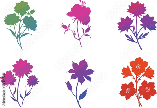 Colorful gradient flower collection, abstract floral design set with modern artistic style, nature-inspired botanical illustration for decorative graphic art