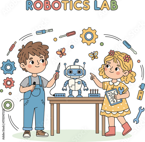 Children, robotics, lab, robot, engineering, STEM, science, tools, soldering, clipboard, teamwork, fun, cartoon, gears, wires, table, antenna, blue, white, imagination
