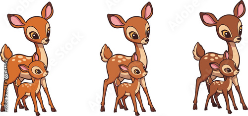 Cute deer mother with baby fawn standing together in forest, adorable wildlife family illustration showing love, nature, and tenderness