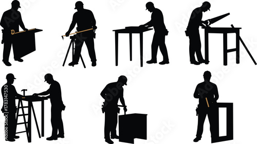 Silhouette of carpenters working with tools and wood, construction workers measuring, cutting, and building furniture in workshop setting