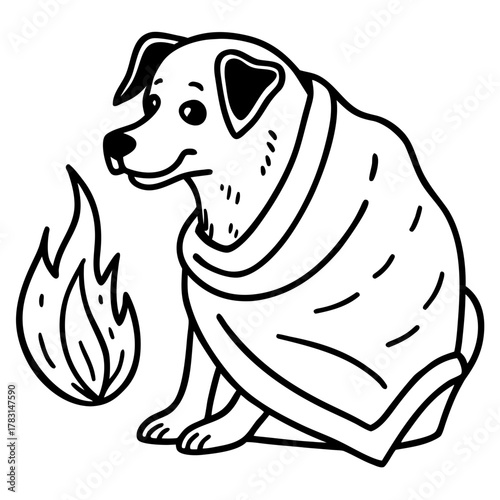 Cozy dog wrapped in blanket by a warm fire