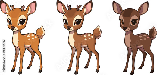 Cute cartoon baby deer illustration set, adorable forest fawns with big eyes and brown fur, wildlife animal character design art