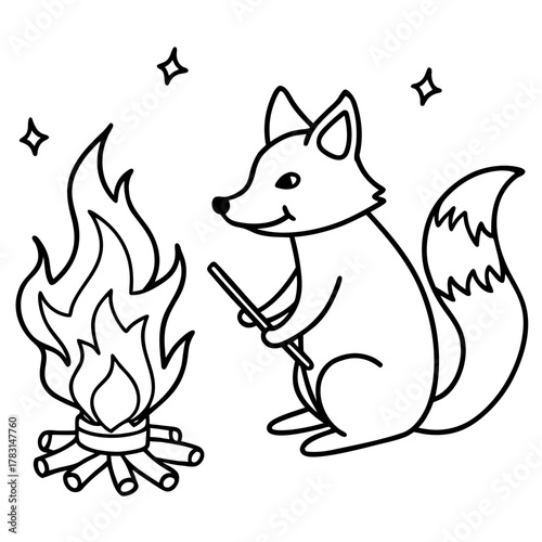 Cute fox roasting marshmallow over campfire illustration