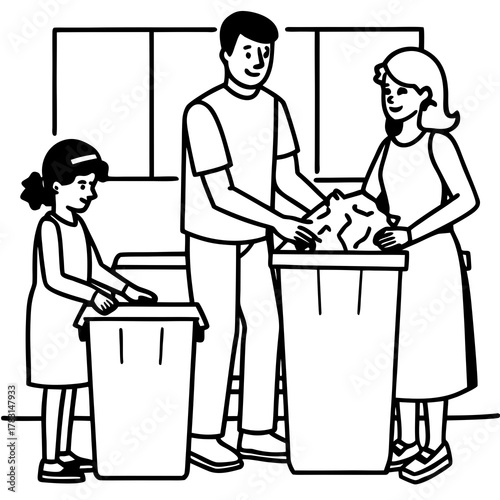 Family working together to clean up and throw away trash