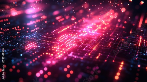 Digital Data Flow: A captivating digital display of interconnected circuits and glowing nodes, vividly illustrating the dynamic essence of technological advancement, data transmission.
