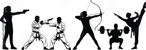 "Silhouettes of athletes in action, martial arts, shooting, archery, weightlifting, fitness, training, sports, discipline, strength, agility, motion"