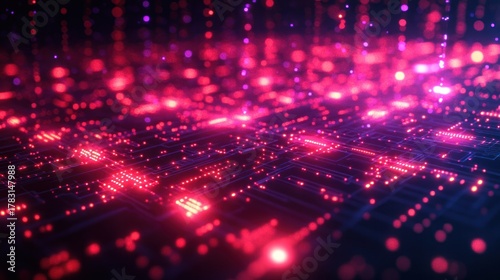 Digital Neon Universe: A vibrant abstract composition of glowing digital circuits, bathed in shades of neon red and blue, symbolizing the intricate network of data and technology.