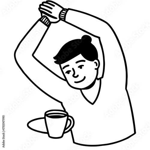 Person stretching arms up holding a coffee cup