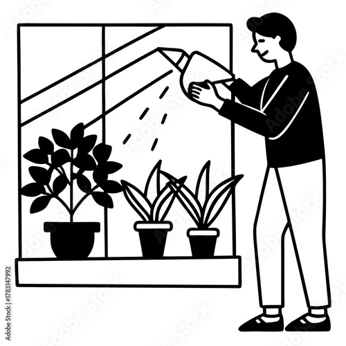 Person watering houseplants on a windowsill