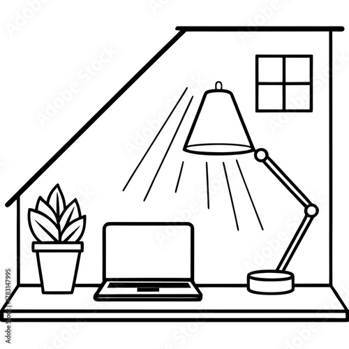 Simple line drawing of a desk setup with laptop and lamp