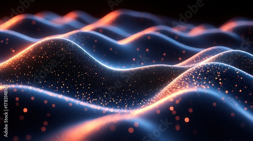 Glowing Wave: Abstract digital landscape featuring waves of light and particles, evoking a sense of data visualization and the energy of the digital realm.