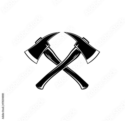 Isolated black and white graphic illustration of crossed fire axes, a powerful emblem for firefighters and emergency services