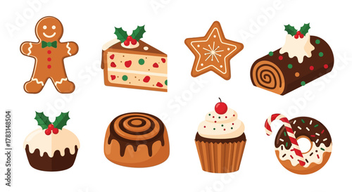 A festive collection of illustrated Christmas desserts and holiday baked goods on a white background.