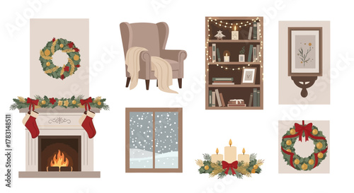 A collection of cozy Christmas-themed home interior elements including a fireplace, armchair, and festive decorations.