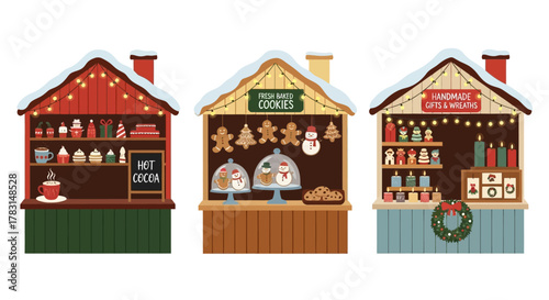 Three festive Christmas market stalls selling hot cocoa, baked cookies, and handmade gifts.