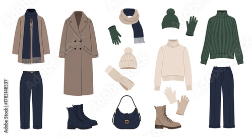 Winter fashion outfits featuring coats, sweaters, pants, boots, hats, gloves, scarves, and a handbag.