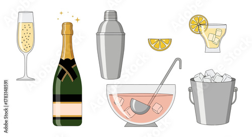 Illustration of champagne flute, bottle, shaker, punch bowl, ice bucket, and cocktail.
