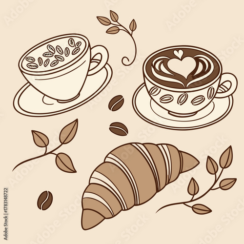 Coffee and Croissant Delight: A delightful illustration of two cups of coffee alongside a fresh croissant, ideal for cafe menus or food-themed design projects.