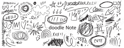 black pen scribble and doodle collection. Blue pen lines, arrows and scribbles at grid notebook background. Crayon drawn note doodles for hand drawn diagram, infographic and journaling.