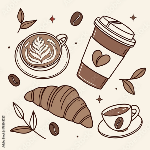 Aromatic Cafe Treats: An inviting assortment of coffee, croissant and coffee bean. The illustration style with a warm palette creating a comforting and enjoyable atmosphere.
