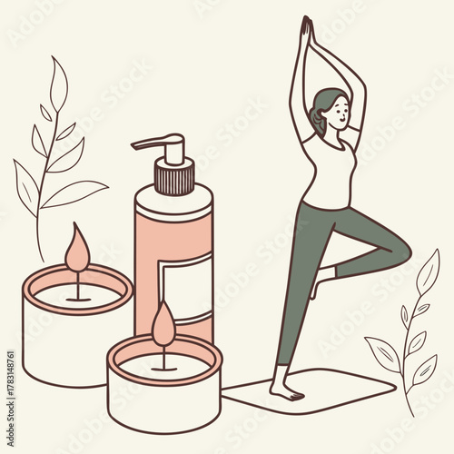 Harmony in Wellness: A serene woman finds her balance in a yoga pose, surrounded by the calming elements of candles, lotion, and natural foliage, evoking a sense of peaceful well-being.