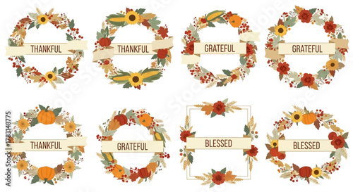 Collection of eight decorative Thanksgiving wreaths with various floral and autumnal elements.