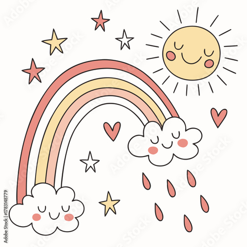 Cheerful Rainbow Scene: A whimsical illustration of a radiant sun, a vibrant rainbow, charming clouds, and twinkling stars. a playful design that evokes feelings of happiness and positivity