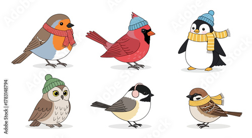 Six birds wearing winter accessories, including a robin, cardinal, penguin, owl, chickadee, and sparrow.