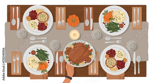 A detailed overhead view of a festive Thanksgiving dinner table with a roasted turkey and various side dishes.