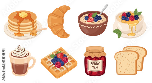 Breakfast food items: pancakes, croissant, oatmeal, berries, waffle, jam, toast, and hot chocolate.