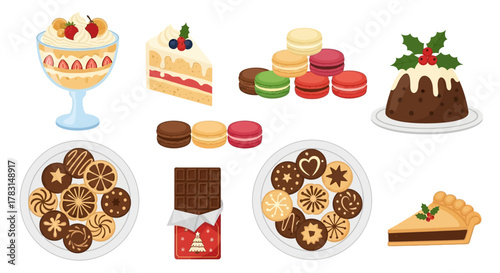 Collection of various desserts including trifle, cake, macarons, pudding, cookies, chocolate, and pie.