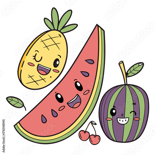 Playful Fruits: A cheerful pineapple, a slice of watermelon, and a plum burst with personality, featuring happy faces and inviting smiles. 