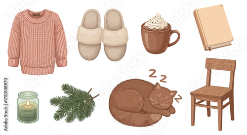 An illustrated collection of cozy hygge items for autumn or winter, including a sweater, slippers, sleeping cat, book, and hot cocoa.