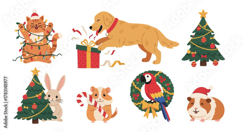A collection of cute Christmas-themed animals including a cat tangled in lights, a dog opening a gift, a rabbit, a hamster, and a guinea pig.