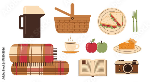 A collection of items for a picnic, including a thermos, picnic basket, sandwiches, pie, apples, coffee, a blanket, a book, and a camera.