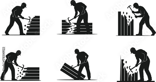 Silhouettes of worker chiseling blocks, manual labor, construction tools, hard hat, craftsmanship, effort, breaking stone, industrial work, posture, safety