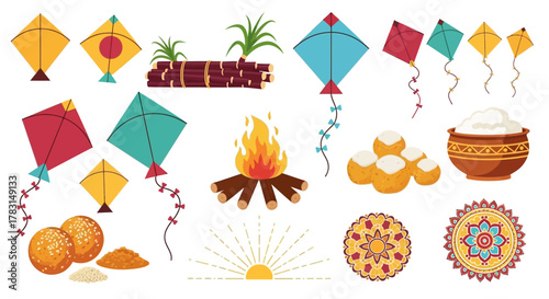 A vibrant collection of traditional elements for the Indian harvest festival of Makar Sankranti, including kites, sweets, and a bonfire.