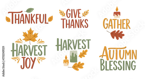 A collection of six hand-drawn Thanksgiving and autumn-themed phrases with decorative elements like leaves and candles.