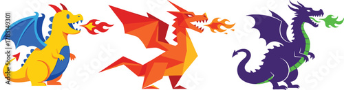 Colorful fire breathing dragons illustration, cute cartoon mythical creatures, fantasy dragon art design, vector collection of flying dragons