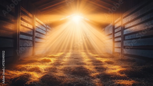 Sunlight streams into a rustic stable