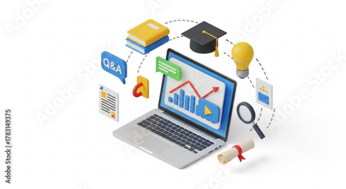 Online education learning platform with laptop and graduation cap for courses and study resources online learning