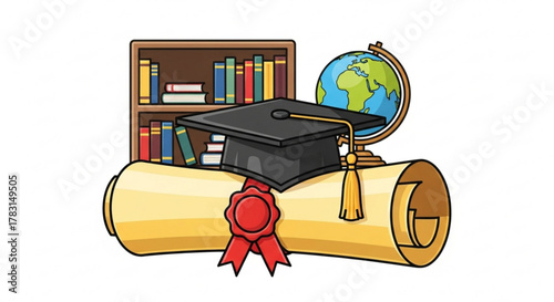 Graduation diploma with cap and globe education concept for academic achievement and success symbol