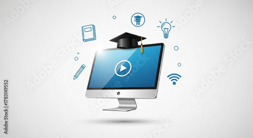 Online education course video tutorial and e learning concept with graduation cap and computer screen