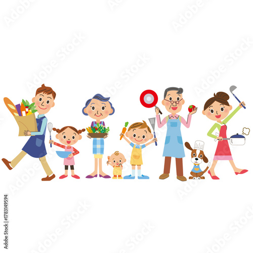 三世代家族が一緒に料理を楽しむ