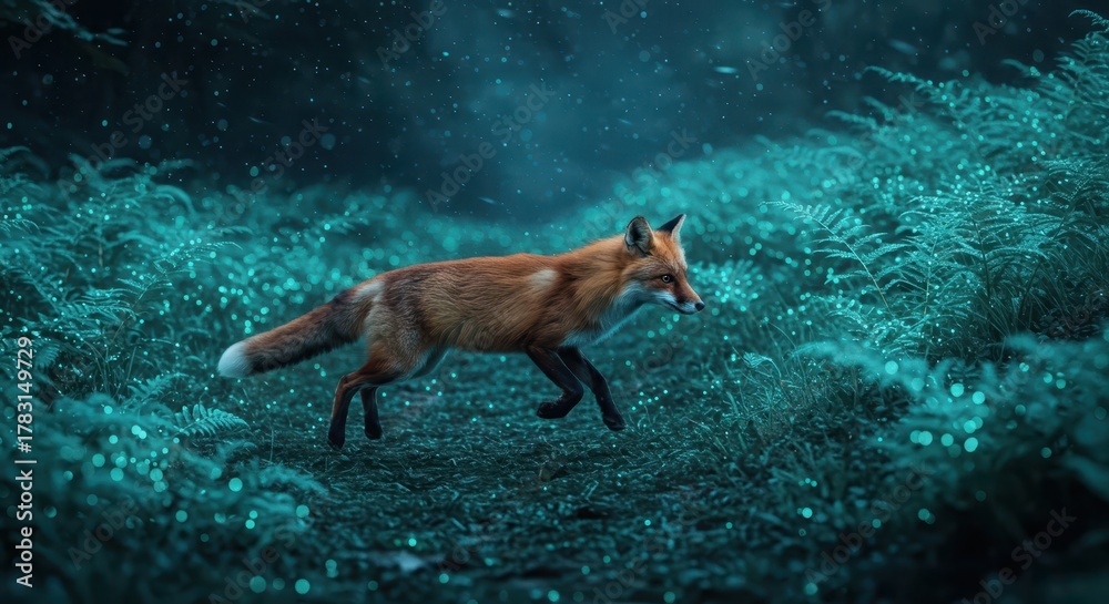 Obraz premium Wild canine creature swiftly moves through a mystical forest path at night