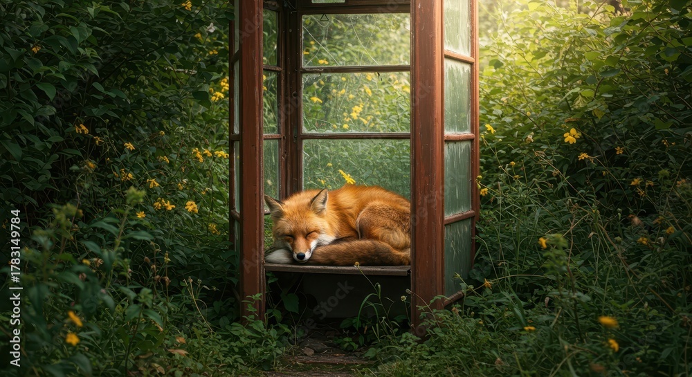 Obraz premium Red fox sleeping peacefully inside an overgrown, abandoned outdoor communication booth