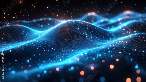 Luminous Digital Waves: A captivating depiction of digital waves in shades of blue and gold, suggesting data flow. This abstract image conveys technology, information, and innovation.