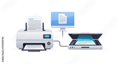 Illustration of printer scanner and computer setup for document management and office productivity tasks