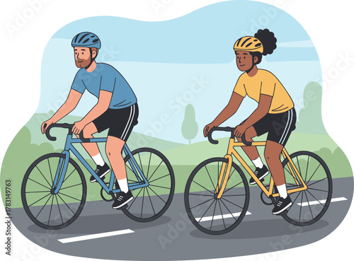 Cycling, outdoor, cartoon, road, bike, helmet, motion, path, scenic, nature, fitness, fun, ride, activity, health, lifestyle, hills, trees, sky, clouds