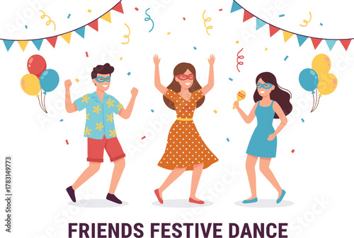 Dance, celebration, friends, festive, masks, maraca, confetti, balloons, party, joy, movement, colorful, fun, energy, music, costumes, cheerful, lively, togetherness, animated